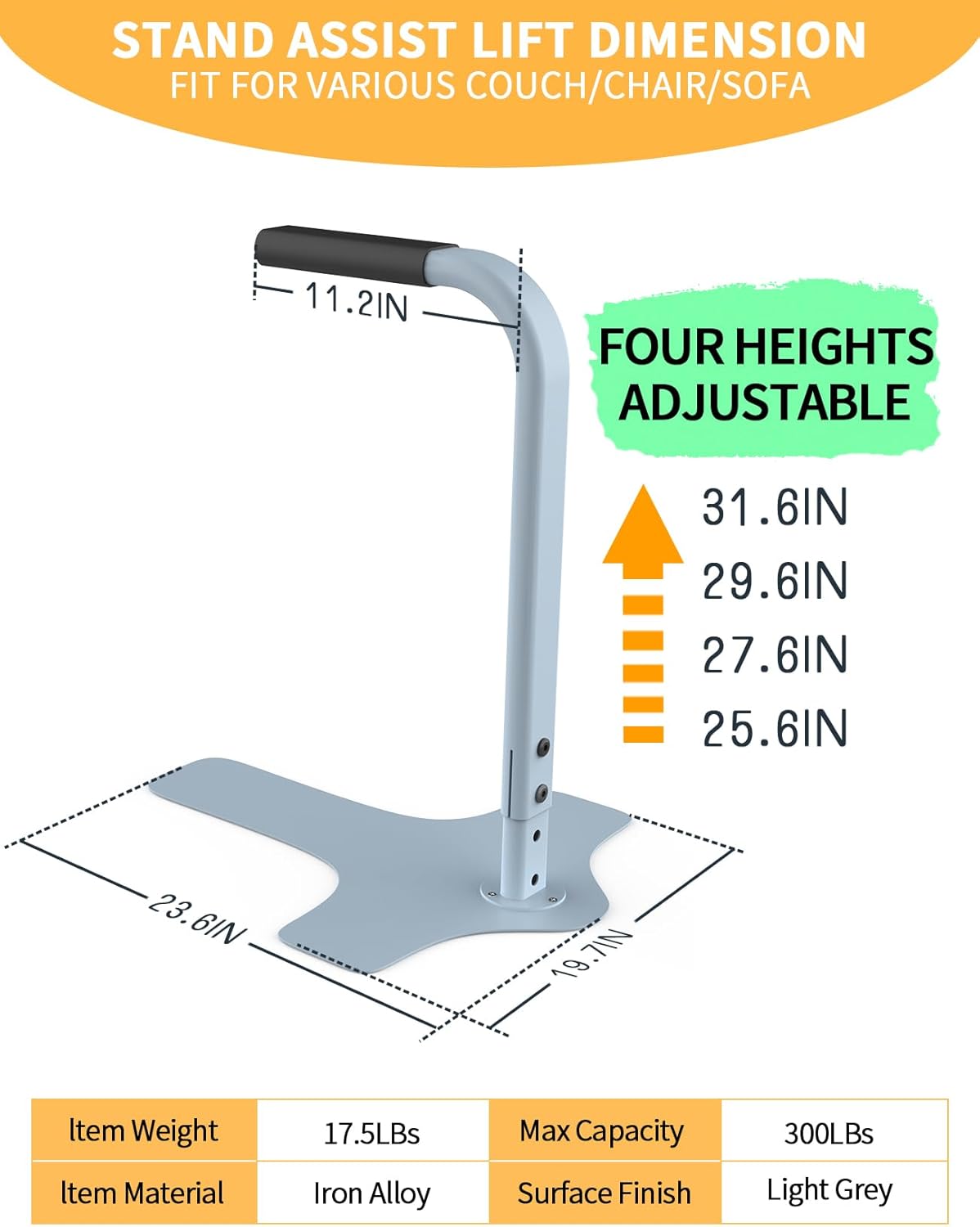 Chair Couch Lift Assist, Four Heights Adjustable, Light Grey, Max 300LBs Capacity U87655