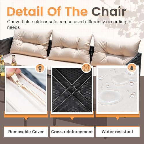 Beige 3-Piece Rattan Outdoor Sectional Sofa with Cushion Glass Table I657893