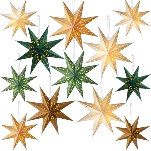 12 Pcs Sage Green 3D Star Lantern with String Light E2954