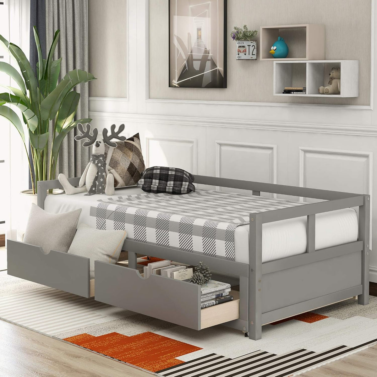 Grey Wooden Daybed with Trundle Bed and Two Storage Drawers S78073