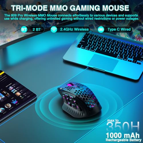 Black Wireless MMO Gaming Mouse with 9 Side Buttons, 24000 DPI, Triple Connectivity, RGB A647