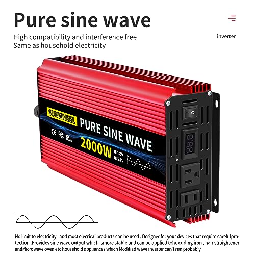 1000 Watt Pure Sine Wave Power Inverter DC 12V to AC 110V 120V with 2 AC Outlets LCD Display K96071