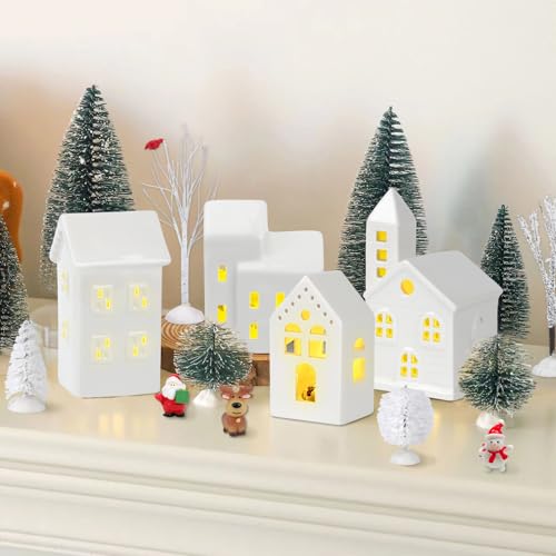 30 Pcs LED Christmas Village Set, 8 Ceramic Christmas Village Houses 17 Xmas Trees 2 Lamp Post with Snowman Santa Claus Deer H88195