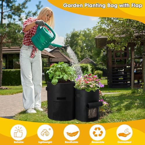 12 Pack 10 Gallon 7 Gallon Black Nonwoven Fabric Potato Grow Bags with Handles and Harvest Window E38094