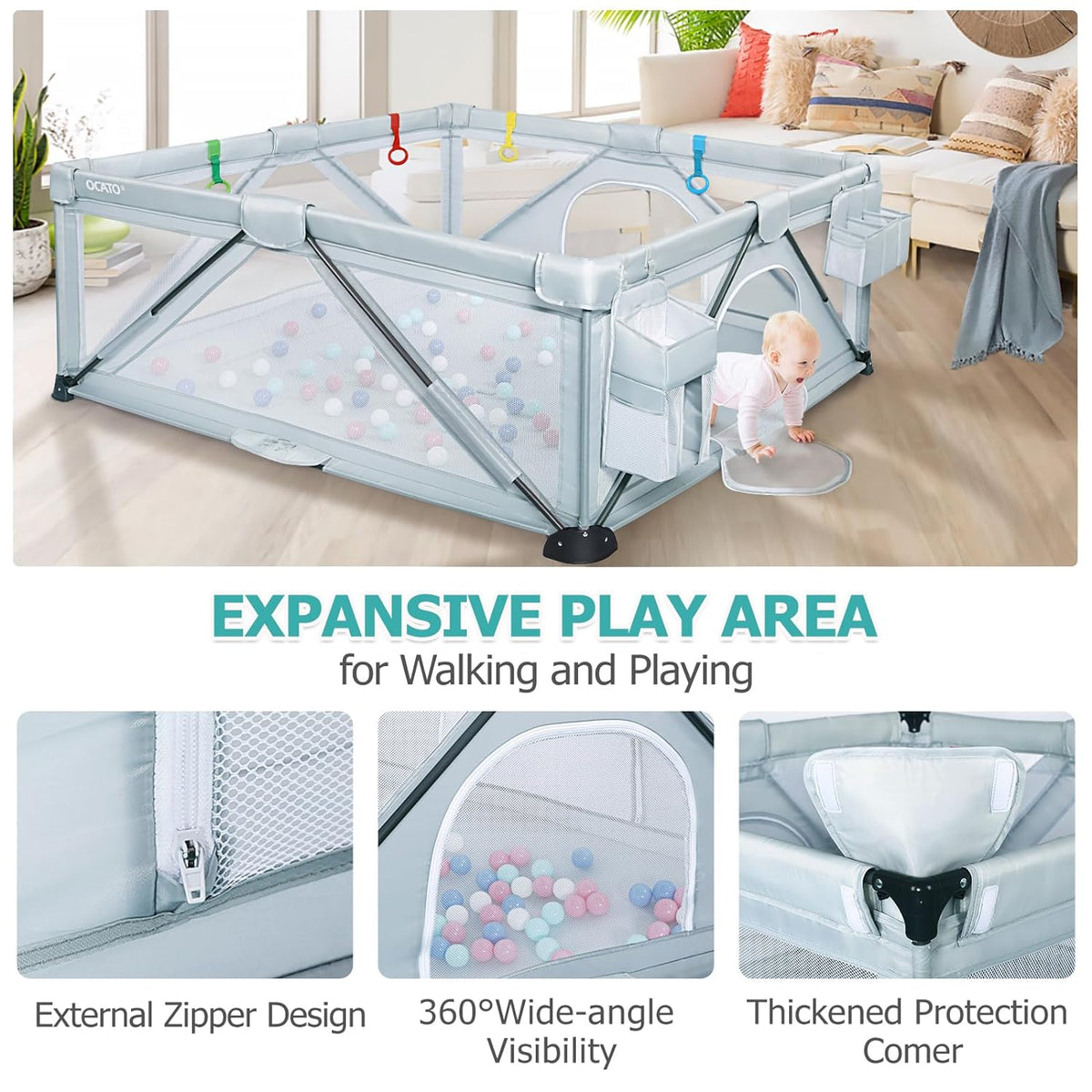 Foldable Large Play Pen with 2 Storage Bags 50 Balls (71" × 59") Y3130