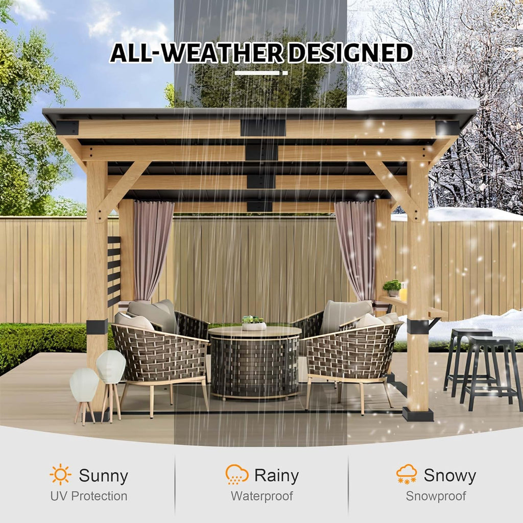 Wood Gazebo 10' x 12' with Metal Roof and Curtains U36125