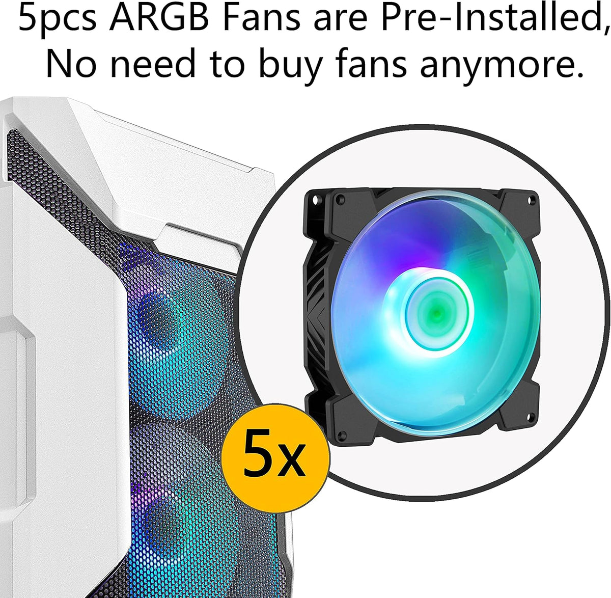White Mesh Mid Tower PC Case with 5 ARGB Fans and Tempered Glass Panel S79977