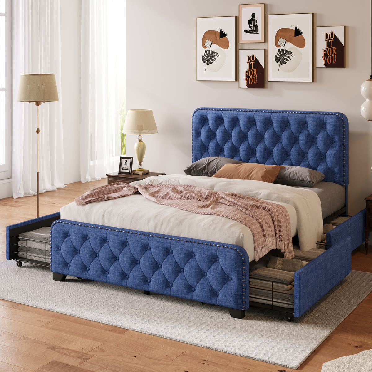 Blue Full Platform Bed Frame with Four Drawers A507597