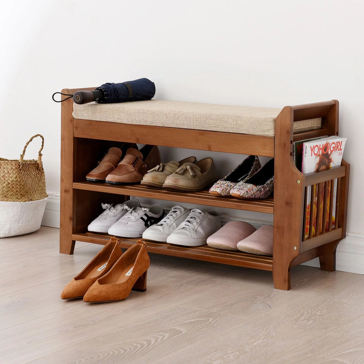 2 Tier Bamboo Shoe Rack Bench with Soft Seat Q3667
