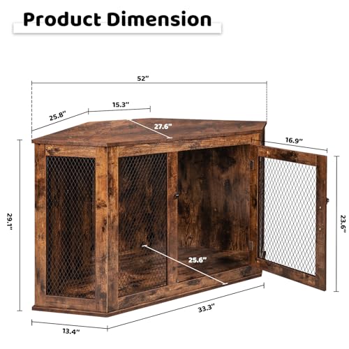 Corner Dog Crate Furniture, 44/52inch Wooden Dog Kennel with Metal Mesh G1738