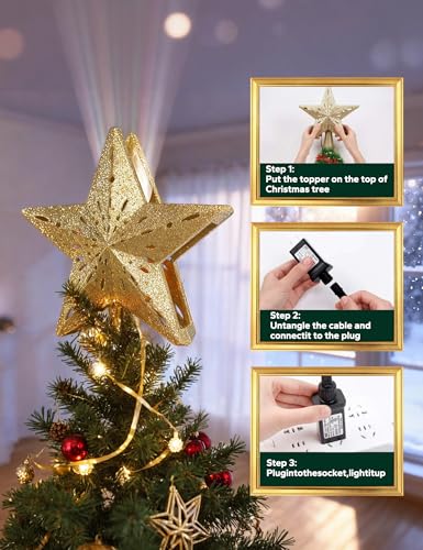 3D Hollow Sparkling Star Christmas Tree Topper with Rotating Projector T260