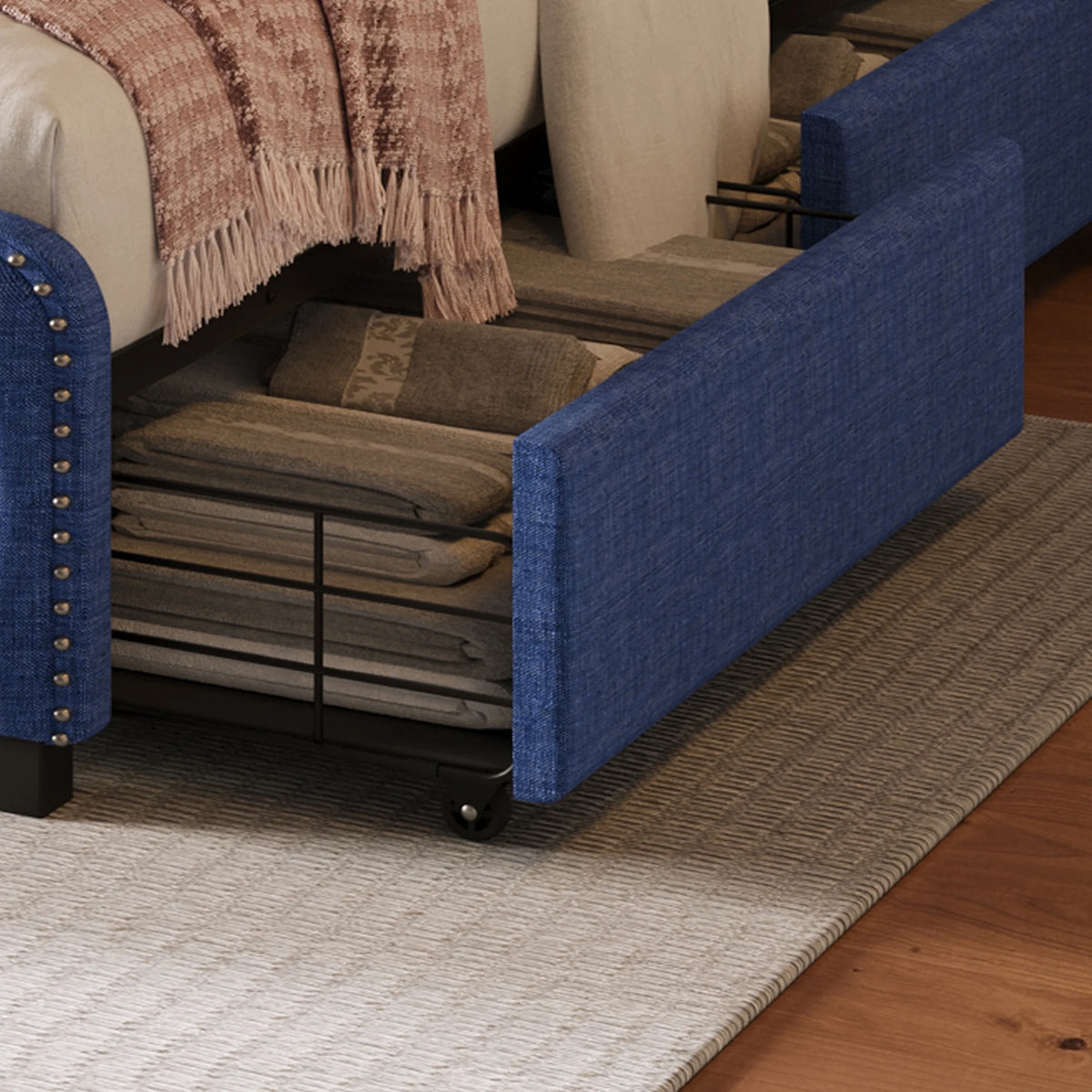 Blue Full Platform Bed Frame with Four Drawers A507597