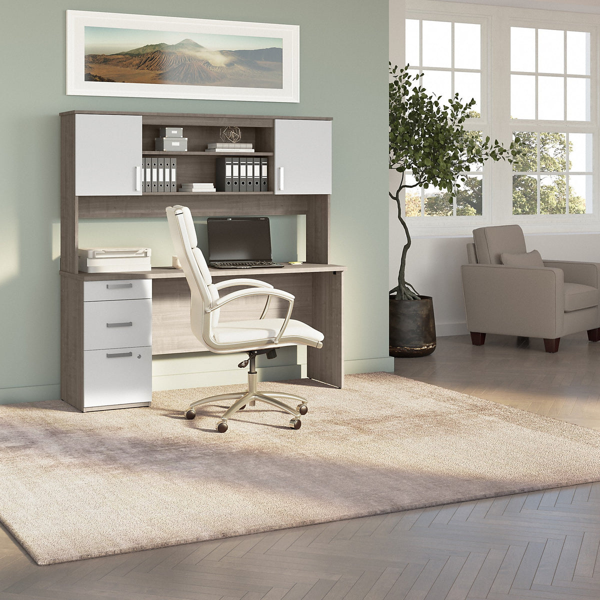 Silver Maple White Engineered Wood Computer Desk with Hutch B1156