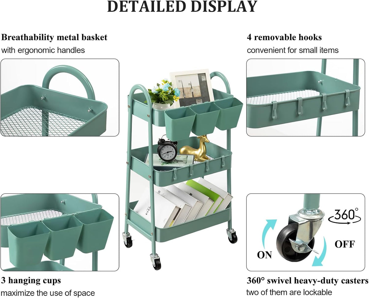 3-Tier Metal Rolling Utility Cart with Lockable Wheels B47706
