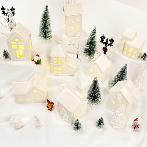 30 Pcs LED Christmas Village Set, 8 Ceramic Christmas Village Houses 17 Xmas Trees 2 Lamp Post with Snowman Santa Claus Deer H88195