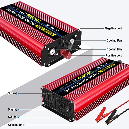 1000 Watt Pure Sine Wave Power Inverter DC 12V to AC 110V 120V with 2 AC Outlets LCD Display K96071