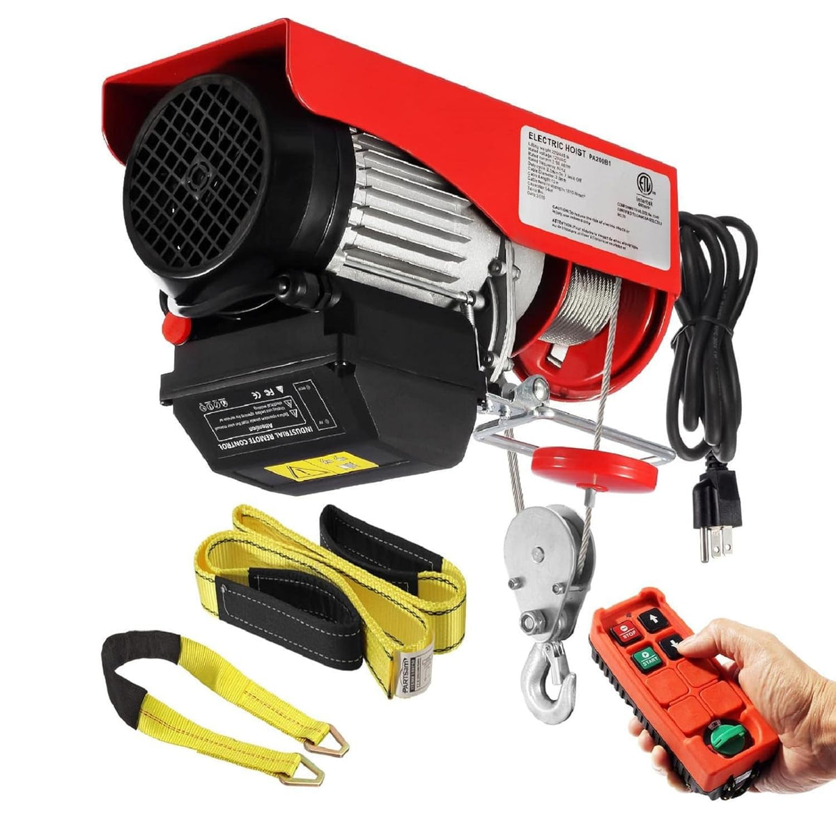 440lbs Electric Cable Hoist Wireless Remote Control 120V Overhead Winch with Towing Strap Sling 38ft Lifting Height O1789