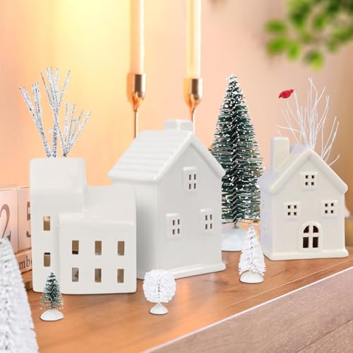 30 Pcs LED Christmas Village Set, 8 Ceramic Christmas Village Houses 17 Xmas Trees 2 Lamp Post with Snowman Santa Claus Deer H88195