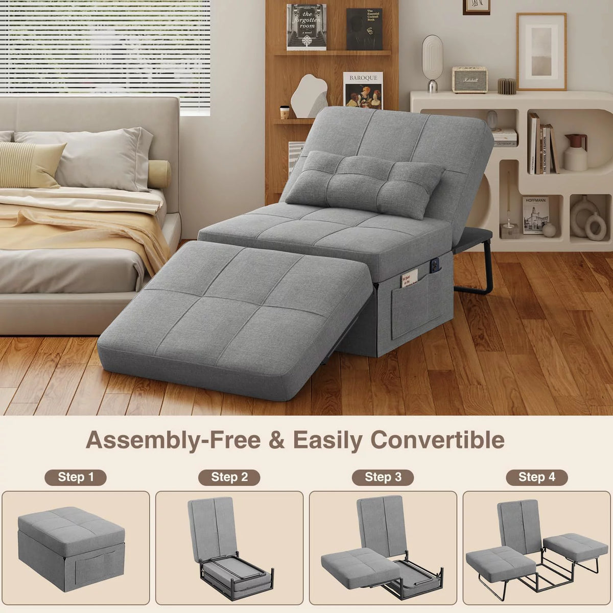Light Grey 4 in 1 Convertible Sofa Bed with Adjustable Backrest B2785