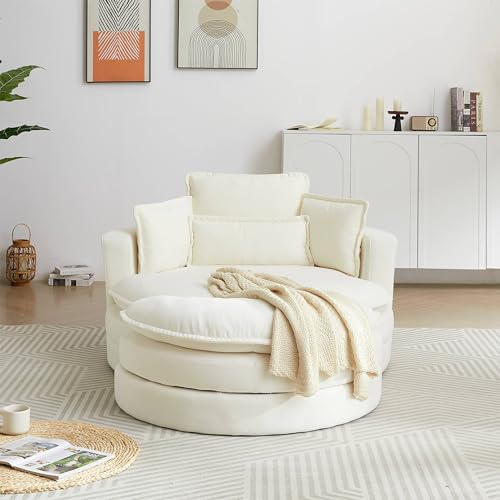 White Sherpa Fabric Swivel Barrel Chair with Storage Ottoman L199
