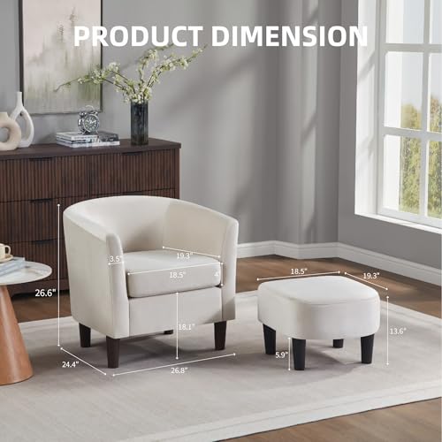 White Velvet Accent Barrel Chair with Ottoman M731