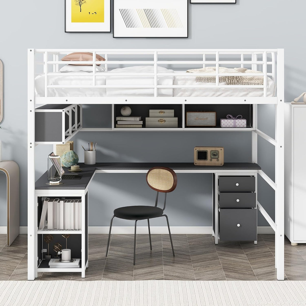 White Full Metal Loft Bed with Bookcase Desk Cabinet P31919