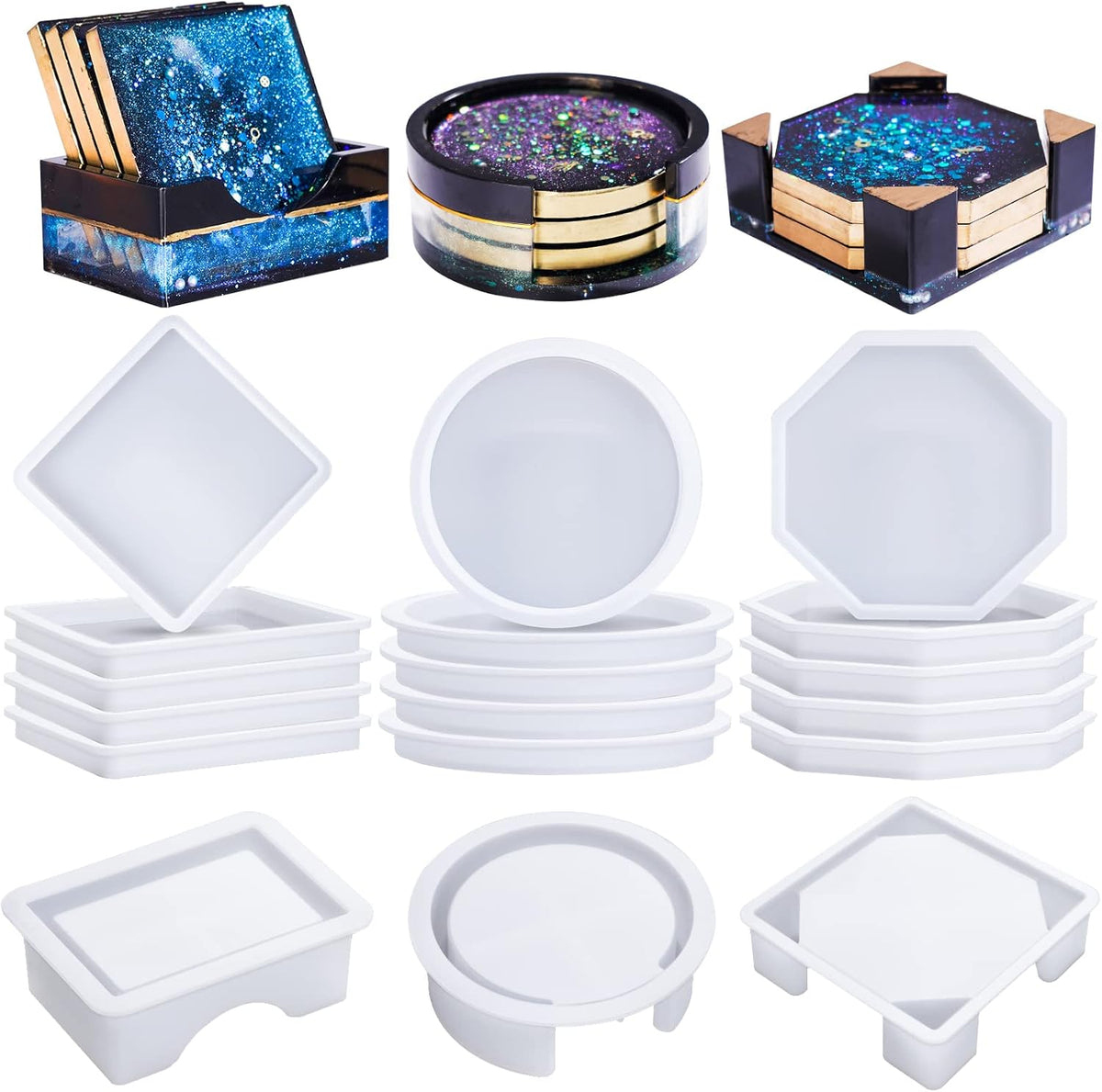 18 Pcs Silicone Coaster Molds with Round Square Octagon Shape Holder Molds V850