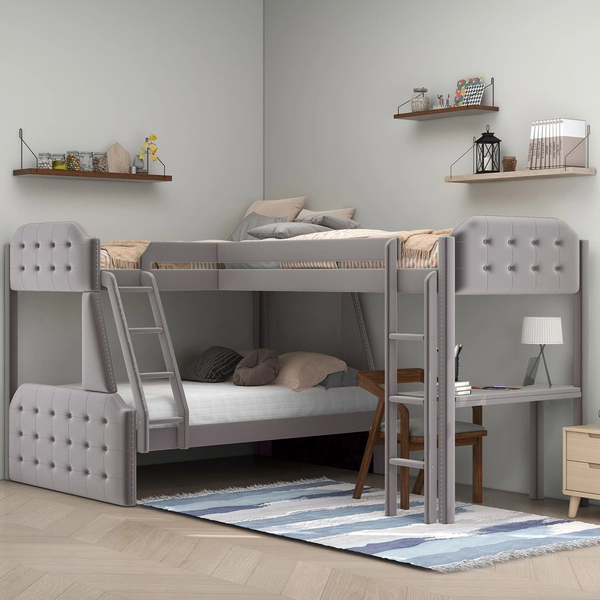Gray Twin over Full Upholstered Bunk Bed with Desk Y82393