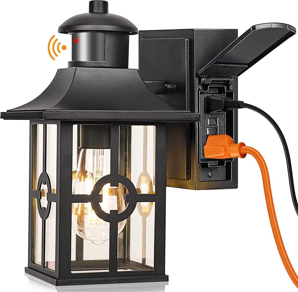Outdoor Motion Sensor Porch Light with 2 GFCI Outlets Dusk to Dawn Wall Light Waterproof Aluminum G73150