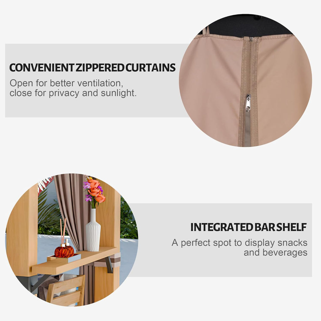 Wood Gazebo 10' x 12' with Metal Roof and Curtains U36125