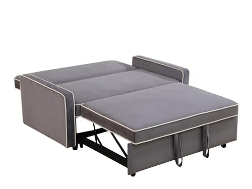 Grey 3 in 1 Convertible Sleeper Sofa with Pullout Bed Flannel 2 Seater Futon Loveseat Couch Bed F217160