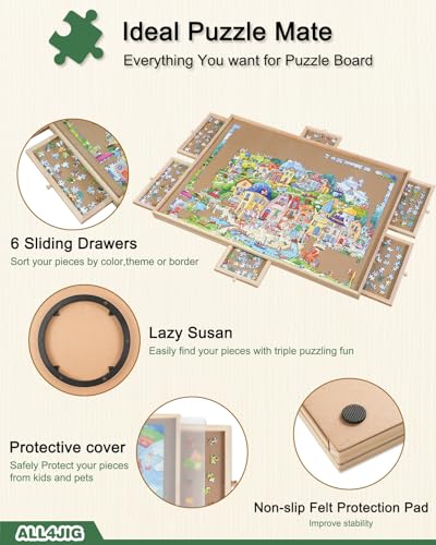 2000 Pieces Rotating Wooden Puzzle Board with 6 Drawers and Cover I181