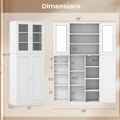 White Tall Kitchen Pantry Storage Cabinet with Glass Doors V575852