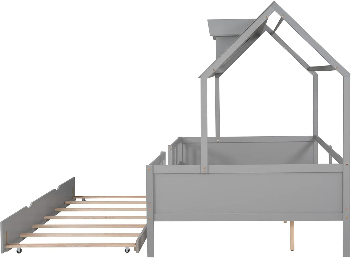 Grey Double Bed Wood Frame with Safety Bar T7862