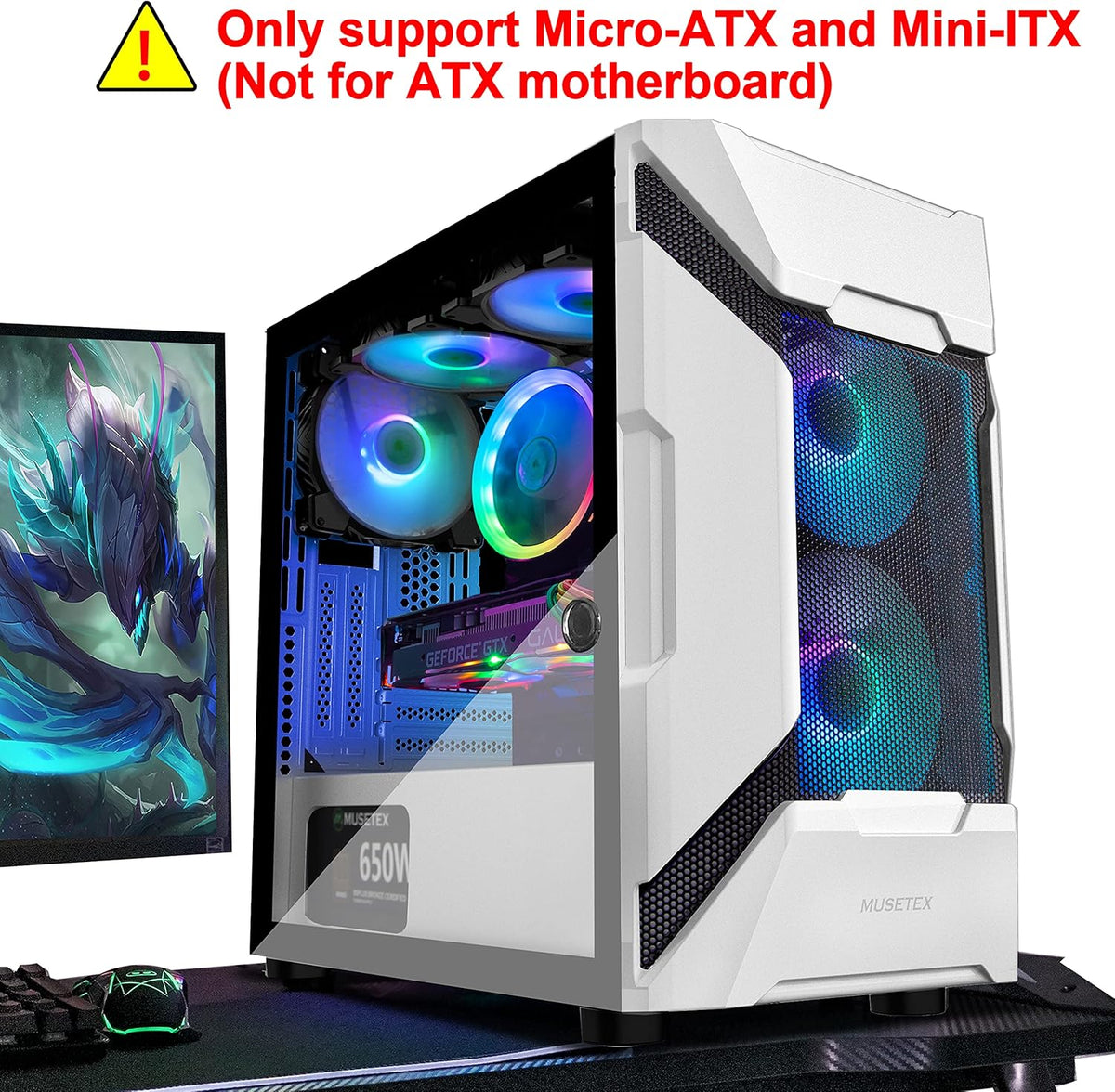 White Mesh Mid Tower PC Case with 5 ARGB Fans and Tempered Glass Panel S79977