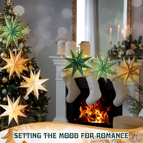 12 Pcs Sage Green 3D Star Lantern with String Light E2954