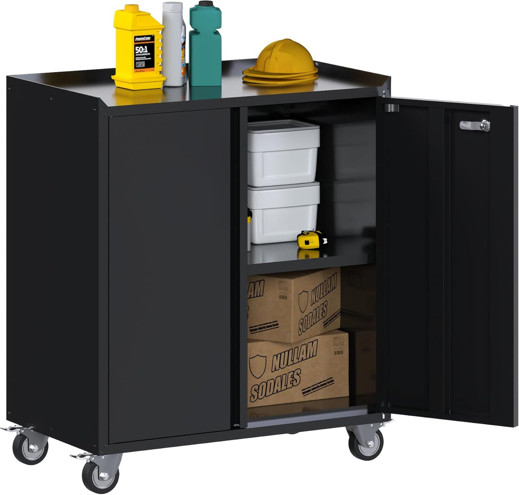 Black Metal Storage Cabinet on Wheels with Adjustable Shelves D703