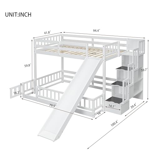 White Twin Over Full Bunk Bed with Slide and Storage Staircase I2752