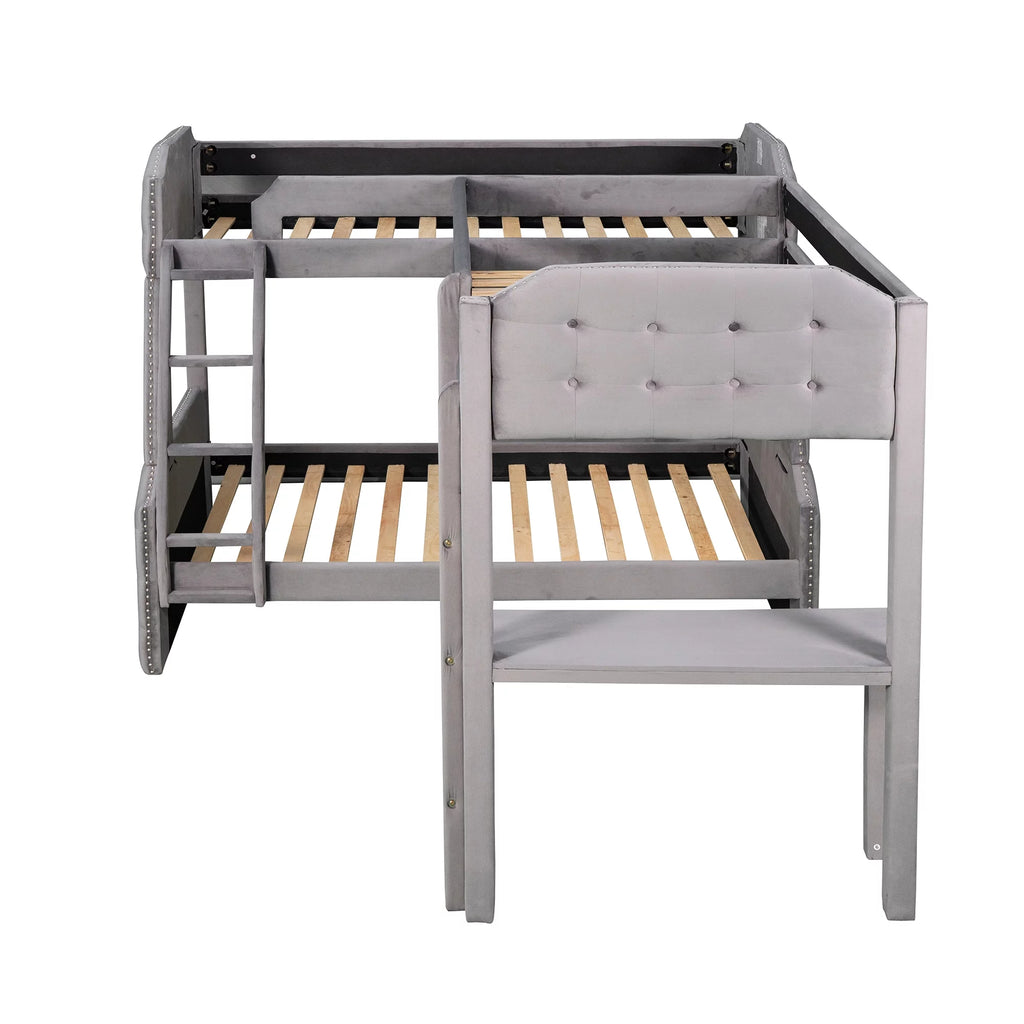 Gray Twin over Full Upholstered Bunk Bed with Desk Y82393