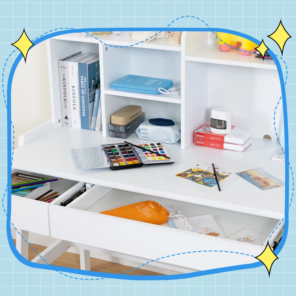 White Wooden Kids Desk and Chair Set with Drawers V9155