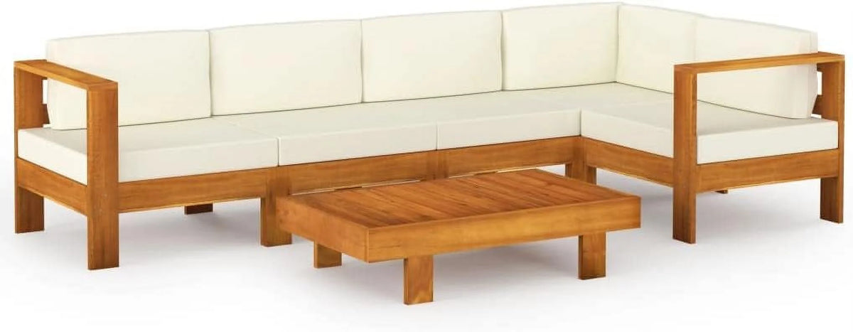 6 Piece Patio Lounge Set with Cream White Cushions Acacia Wood Outdoor Tables W99851