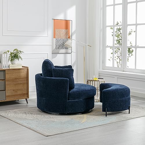 Beige Chenille Upholstered Swivel Accent Barrel Chair with Storage Bench and Ottoman F415