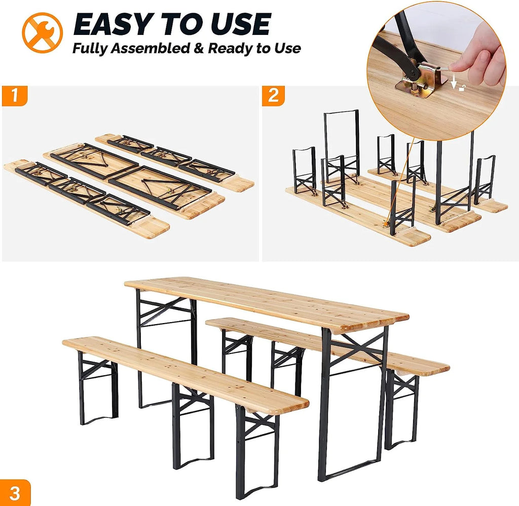 Folding Picnic Tables with Benches Set, 3-Piece Weather-Resistant Wooden Table Bench F605