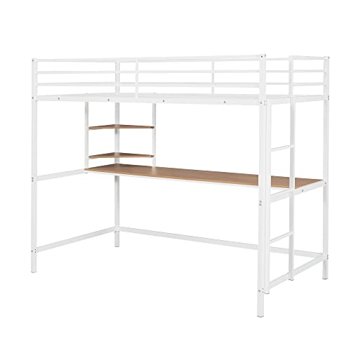 White Metal Twin Loft Bed with Desk and Shelves E9628