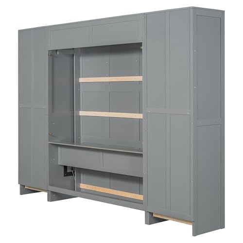 Grey Queen Size Wood Murphy Bed with Shelves and Drawers N519796