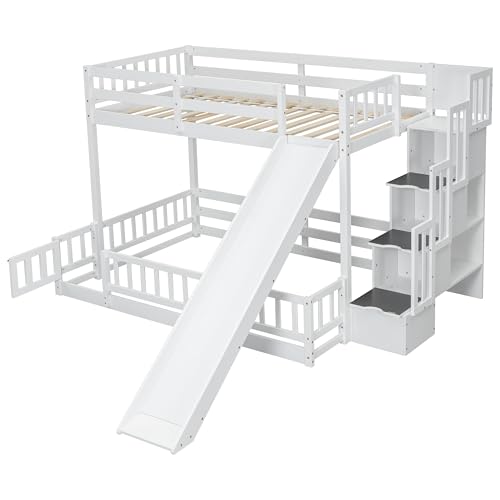White Twin Over Full Bunk Bed with Slide and Storage Staircase I2752