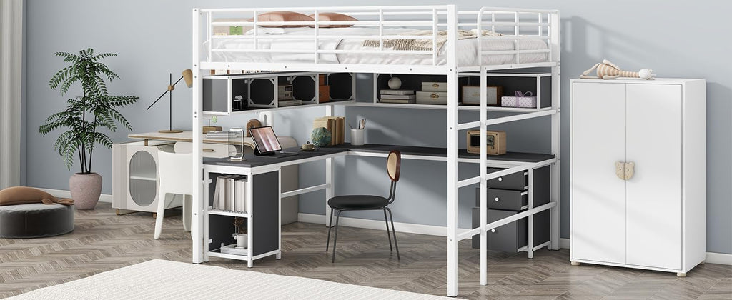 White Full Metal Loft Bed with Bookcase Desk Cabinet P31919
