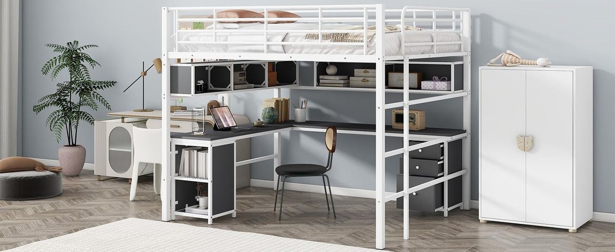 White Full Metal Loft Bed with Bookcase Desk Cabinet P31919