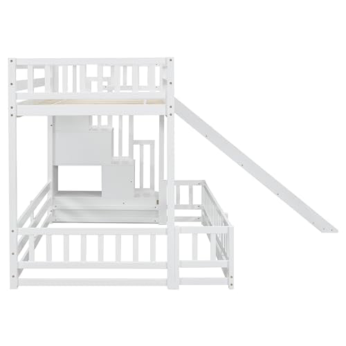 White Twin Over Full Bunk Bed with Slide and Storage Staircase I2752