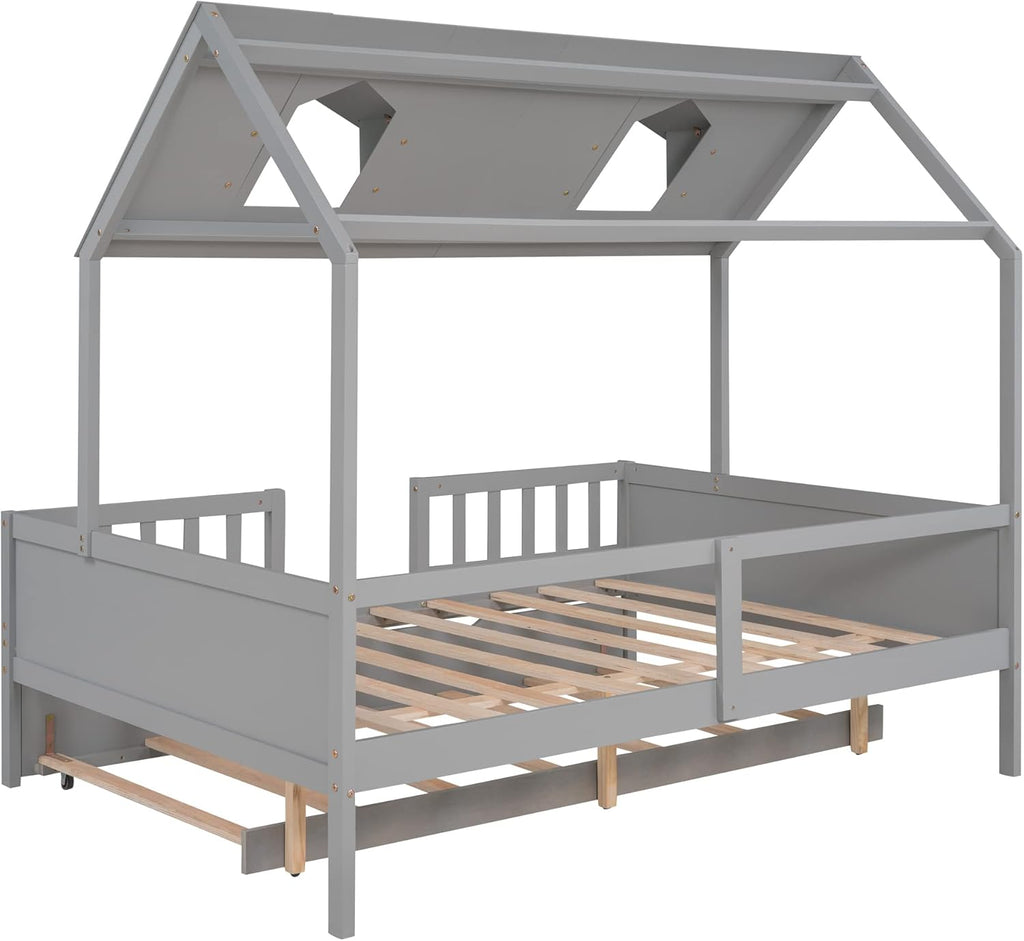 Grey Double Bed Wood Frame with Safety Bar T7862